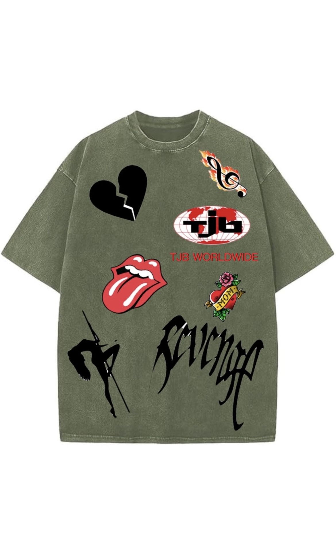 TJB worldwide rockstar tattoo tshirt OLIVE