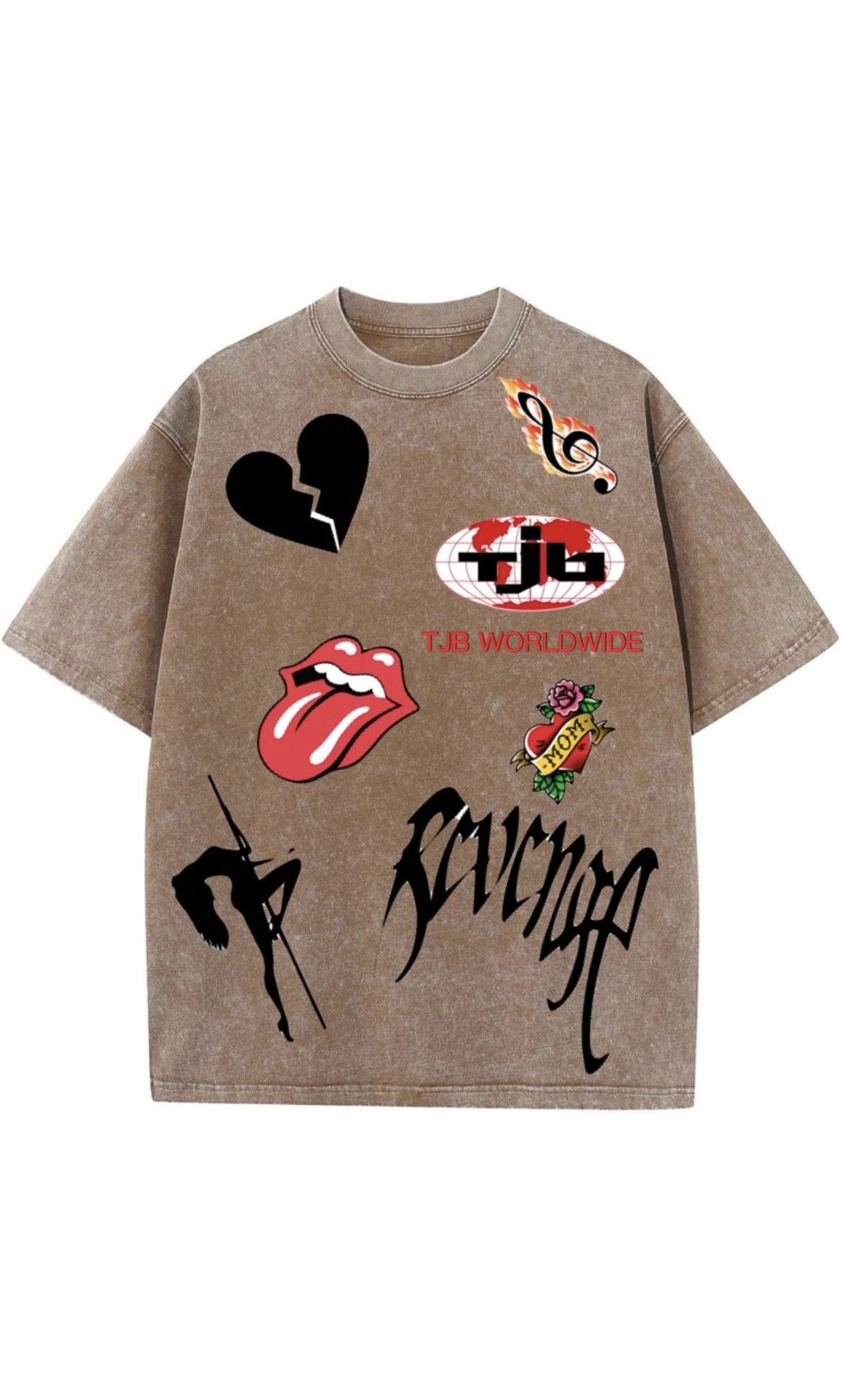 TJB worldwide rockstar tattoo tshirt BROWN
