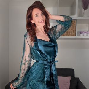 Teal satin dress and robe