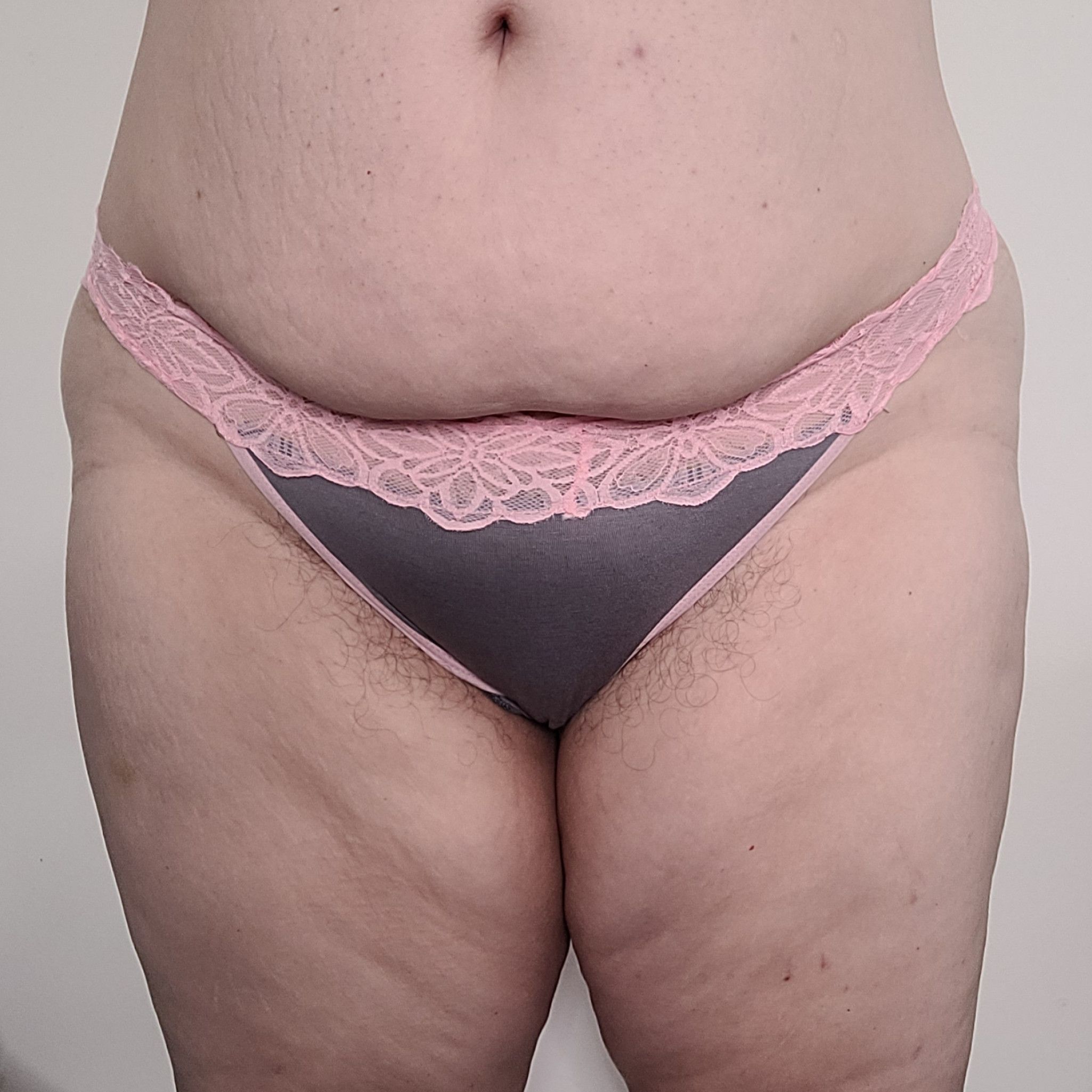 Pink and Grey Cotton and Lace Thong