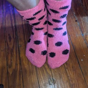 Fuzzy pink with black polka dot VS pink brand socks