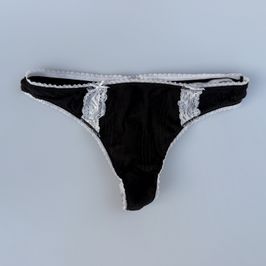 Black Cotton Thong with White Lace