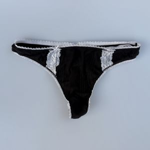 Black Cotton Thong with White Lace