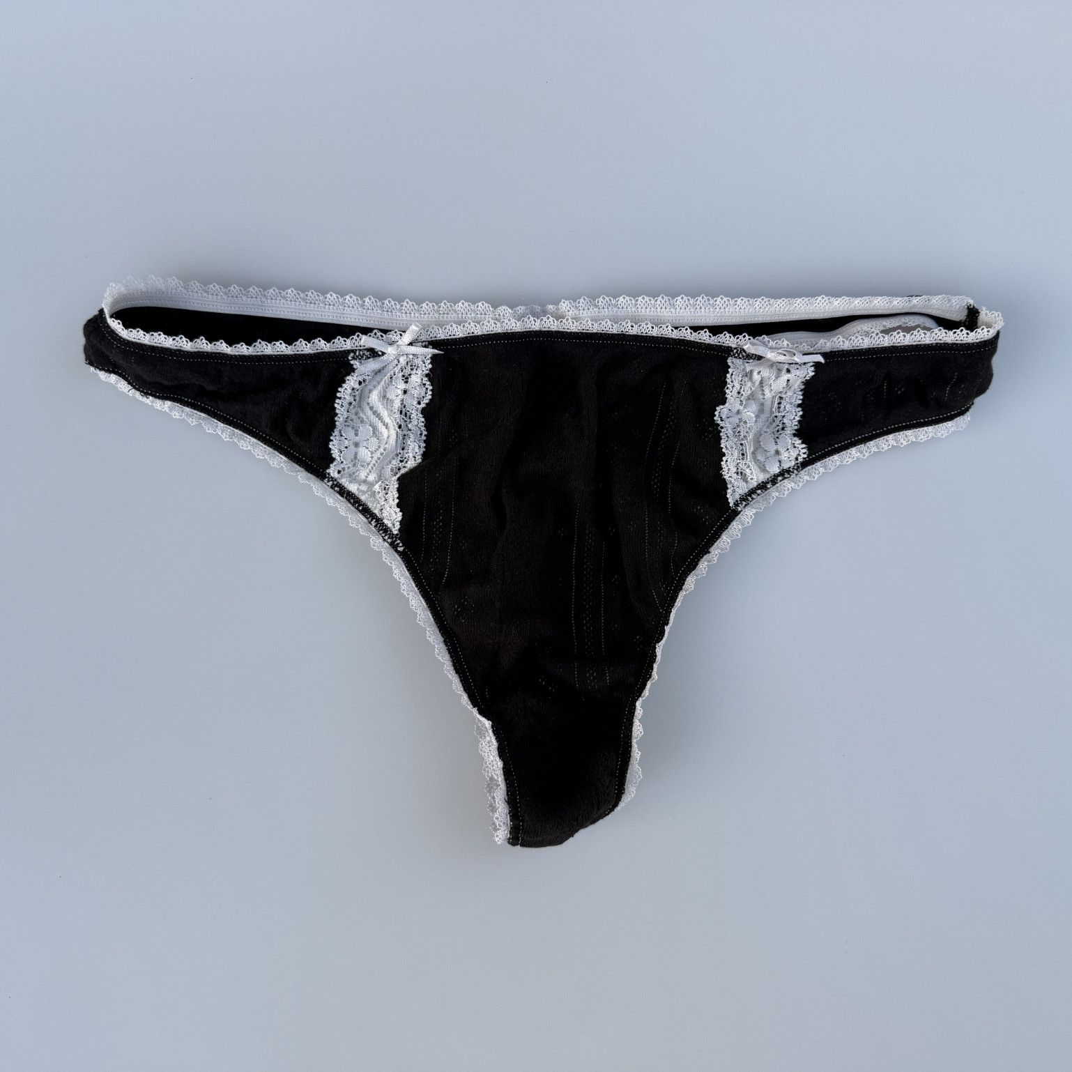Black Cotton Thong with White Lace