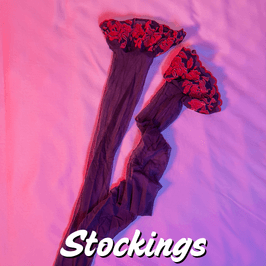 MV Awards Stockings 7 Sheer Black Nylons with Red Floral Top