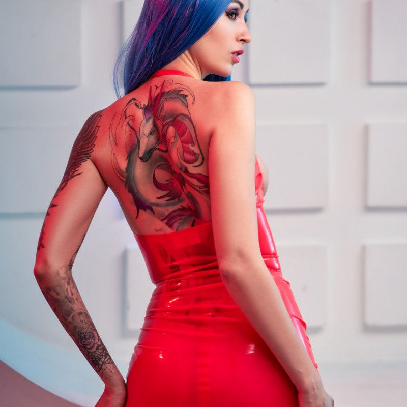 Latex mini dress and blue hair full set