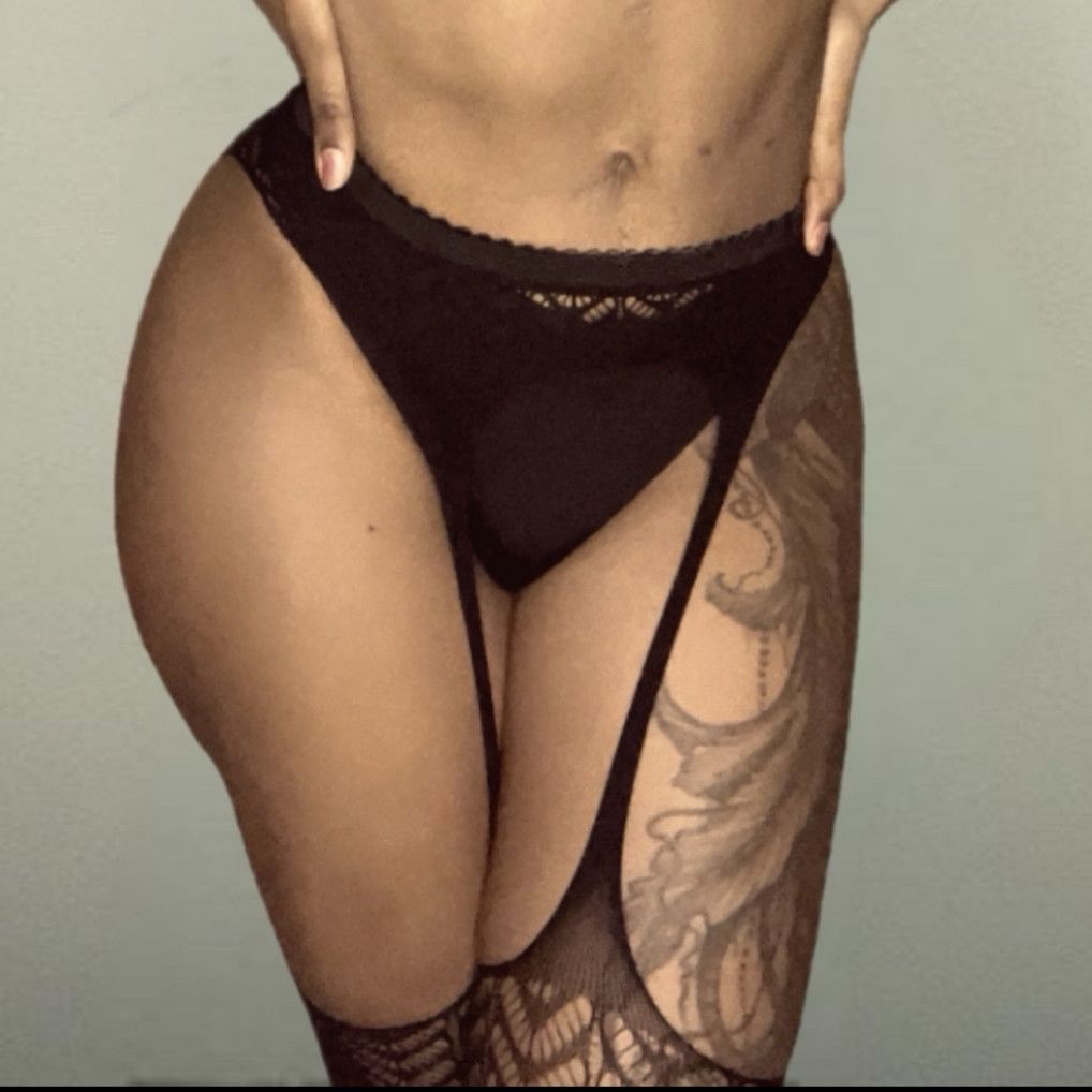 Black Bra  Panty Set  with fishnet stockings