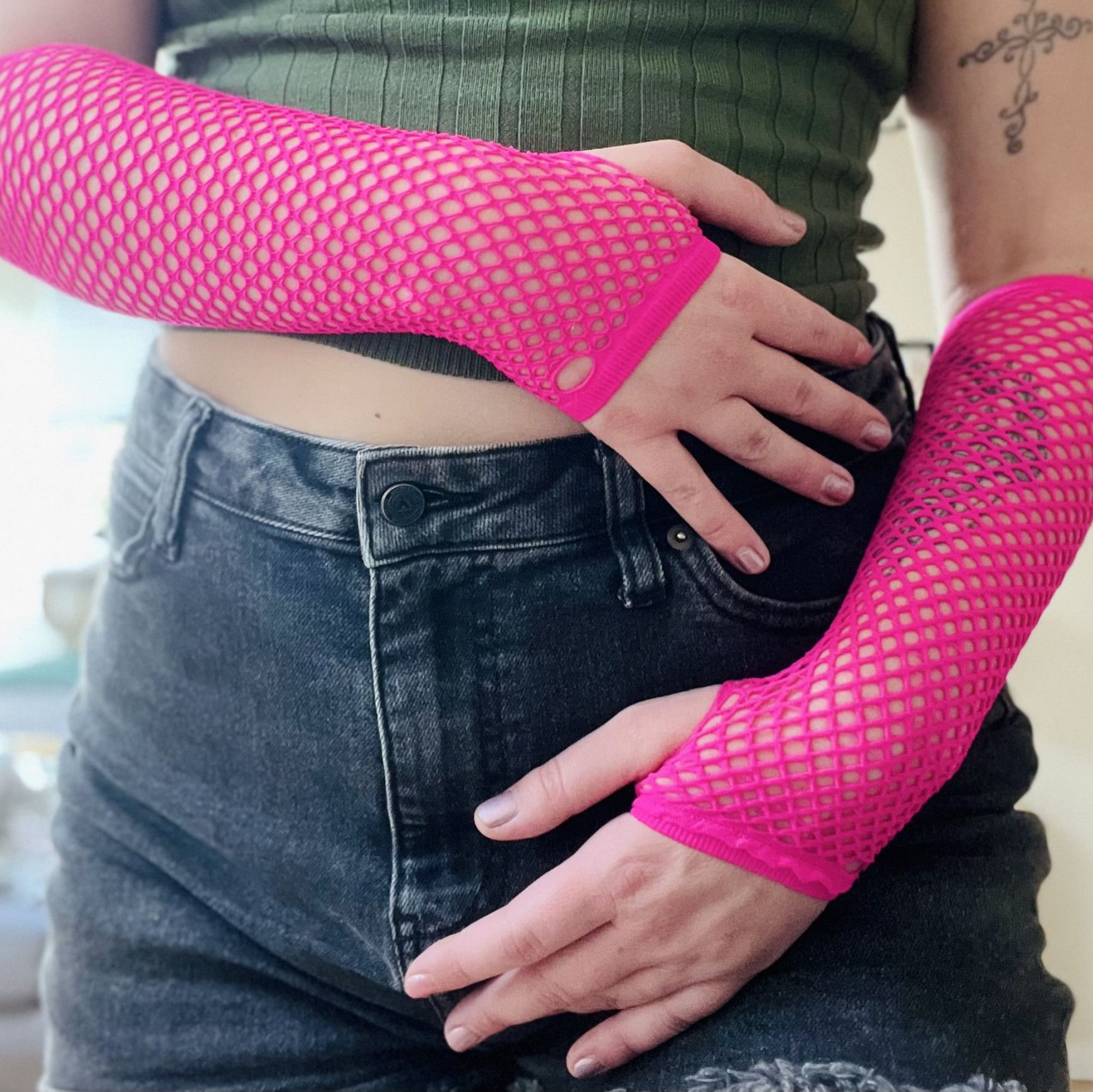 Pink mesh hand sleeves