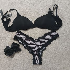 Very Old Worn Black Bra And Striped Pantie Set With Hair Bow