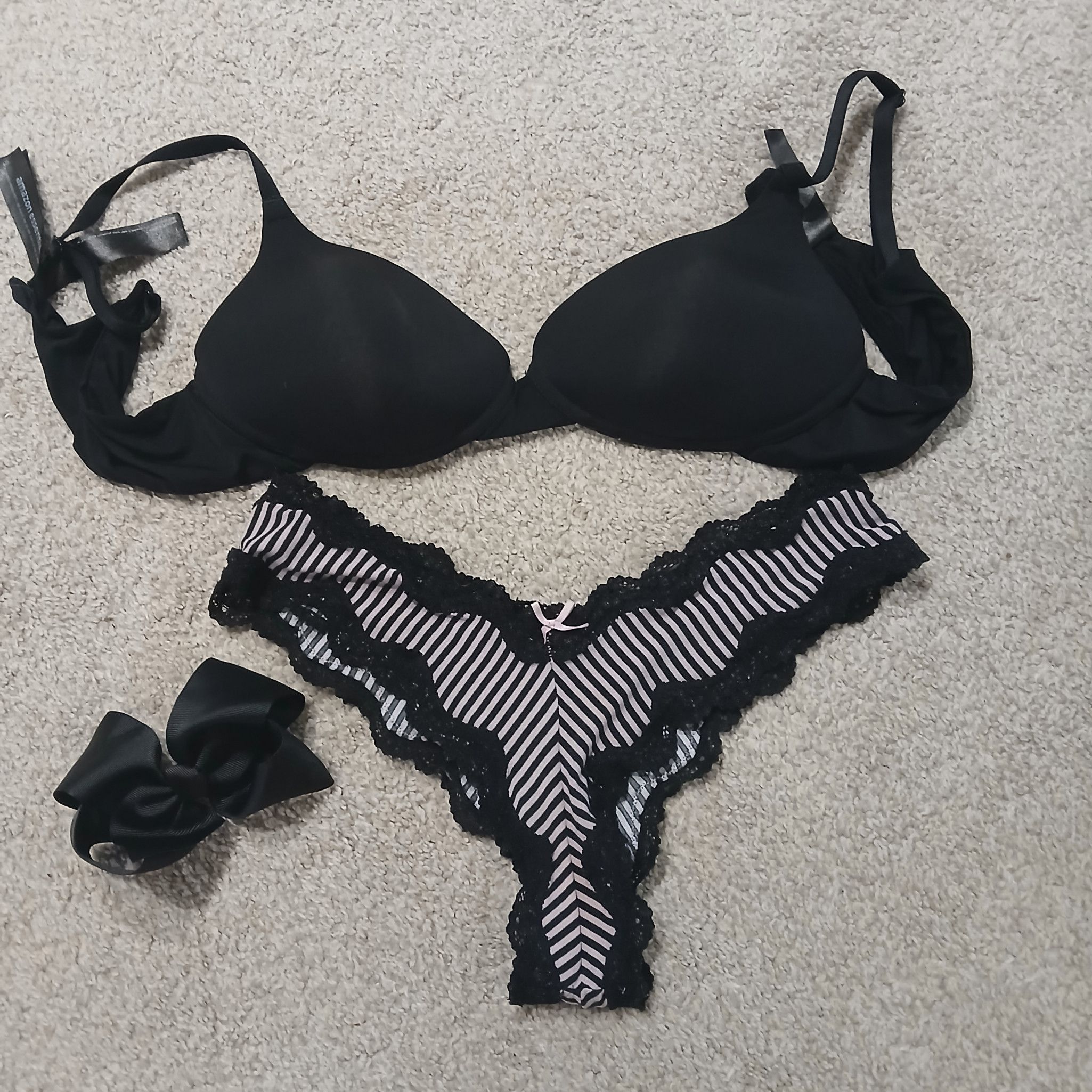 Very Old Worn Black Bra And Striped Pantie Set With Hair Bow