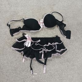 Mailed Bra And Skirted Thong Pantie Panty Black And Pink Set