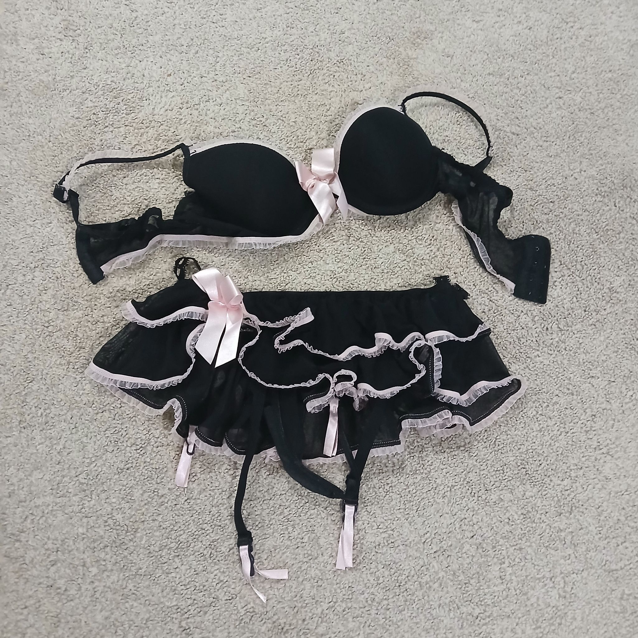 Mailed Bra And Skirted Thong Pantie Panty Black And Pink Set