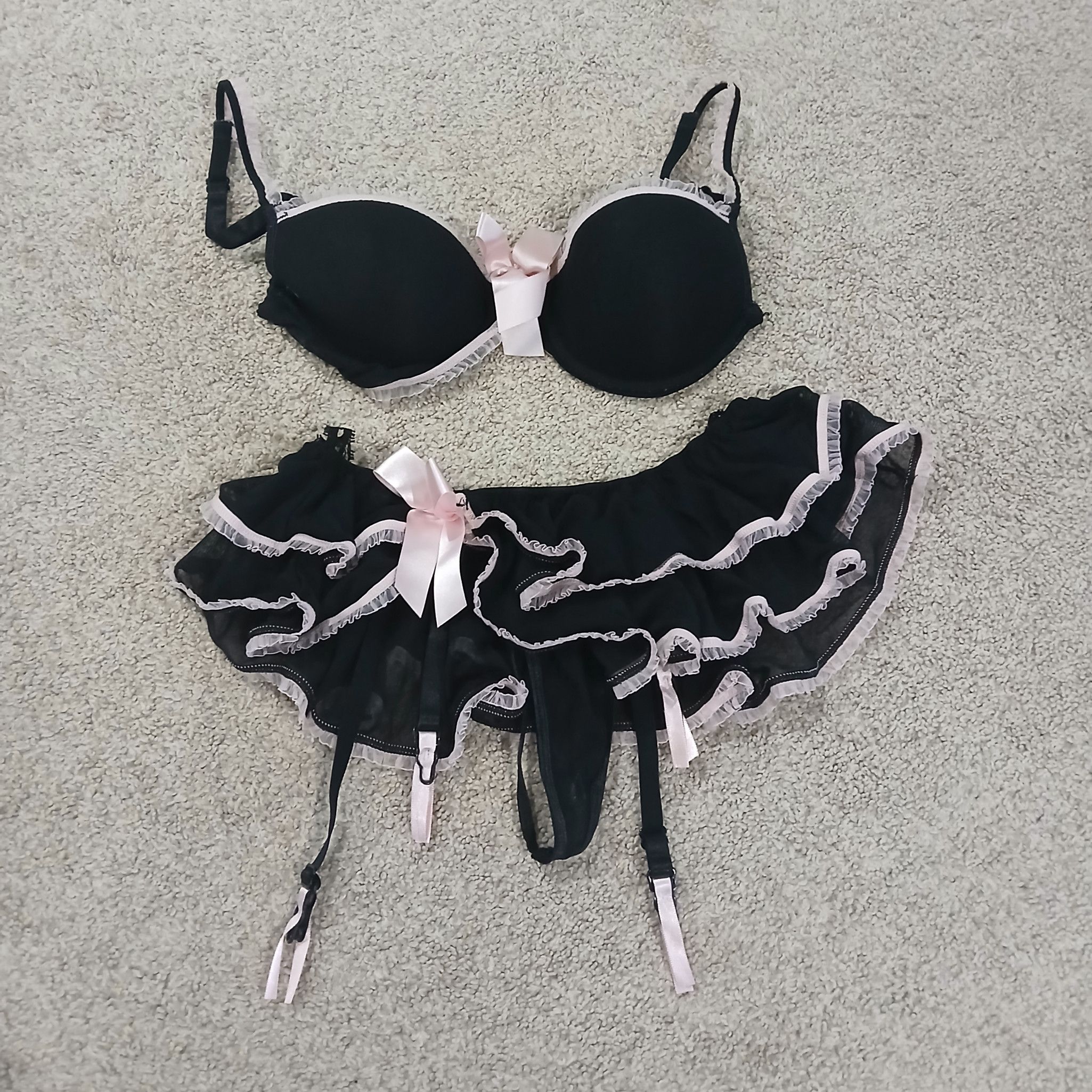 Mailed Bra And Skirted Thong Pantie Panty Black And Pink Set