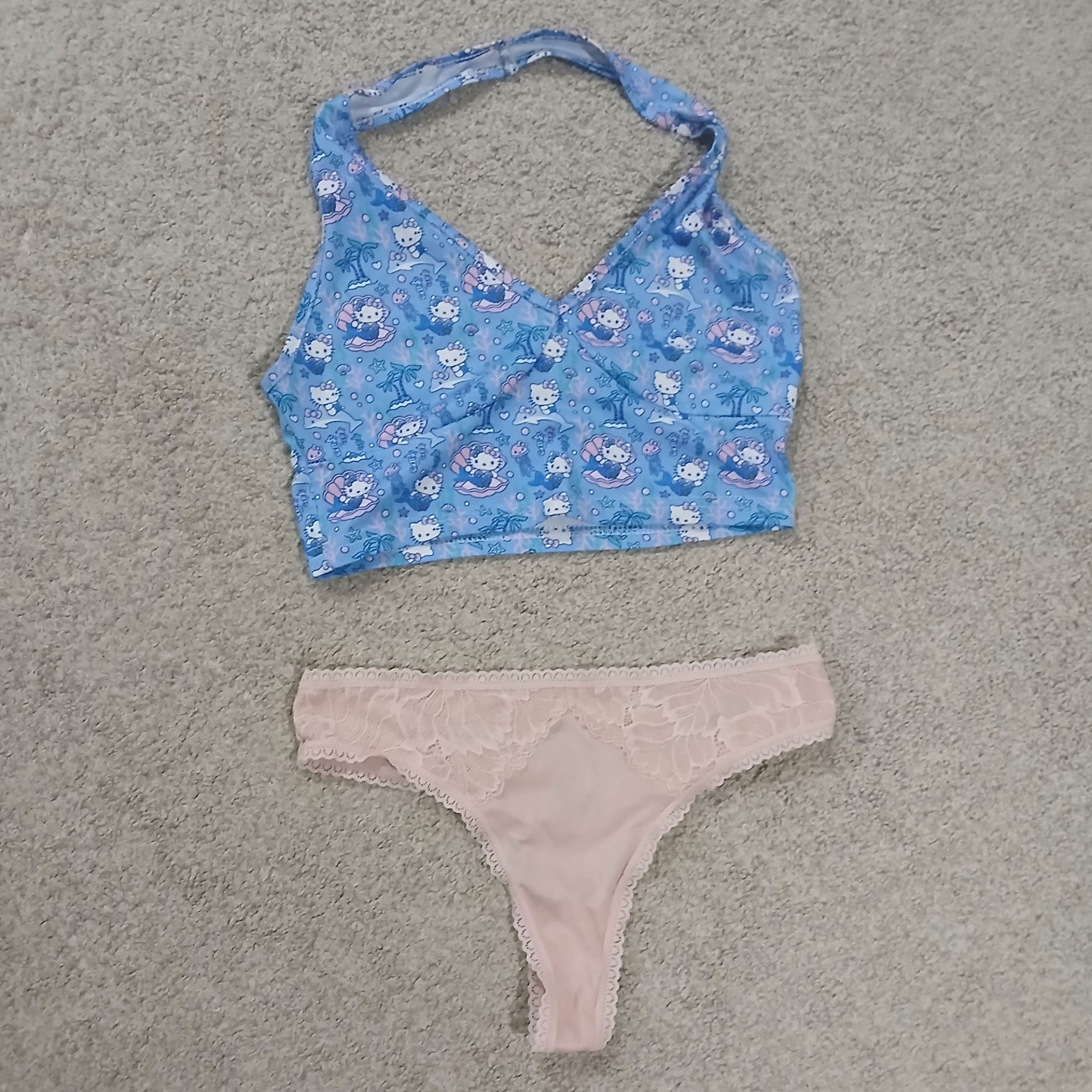 Pink Lace Thong With Blue Hello Kitty Top And 3 Videos