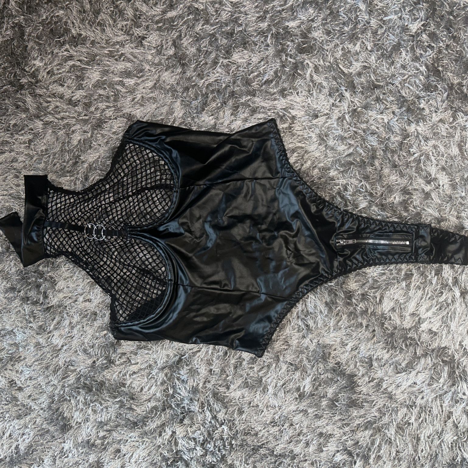 Open fishnet front pvc style bodysuit