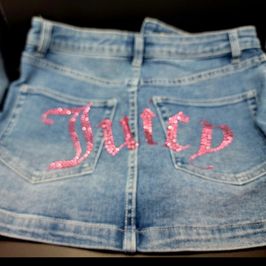 Juicy couture logo denim mini skirt with pink rhinestones