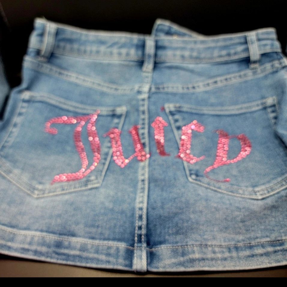 Juicy couture logo denim mini skirt with pink rhinestones