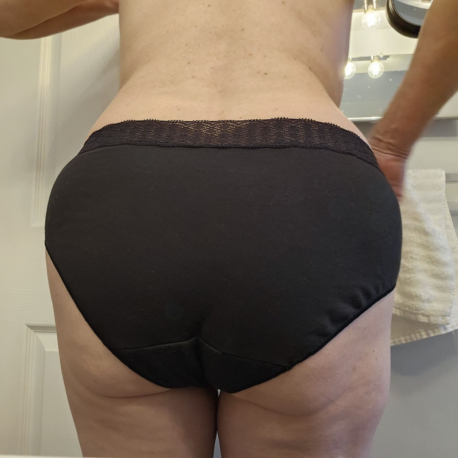 black cotton full panty with lace trim worn 1 day