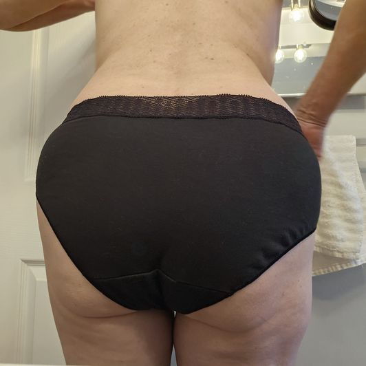 black cotton full panty with lace trim worn 1 day