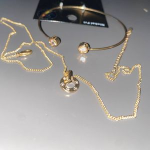 Gold Tone Crystal Circle Necklace  Open Cuff Bracelet Set