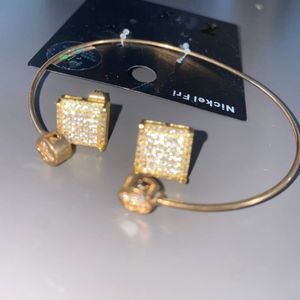 Sparkling Gold Tone Square Studs and Open Cuff Bracelet Set