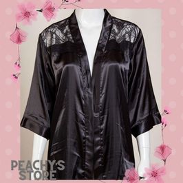 Black Silk Robe with Lace Detail