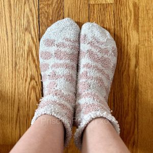 Cute Fuzzy White and Pink Print Socks with Holes