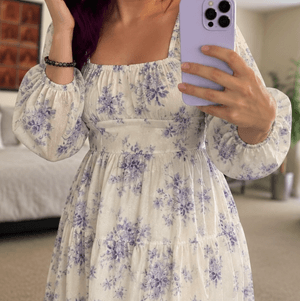 White dress with purple flowers