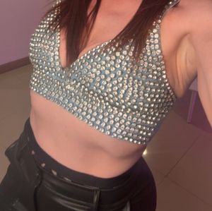 Rhinestone Bluejean Crop Top