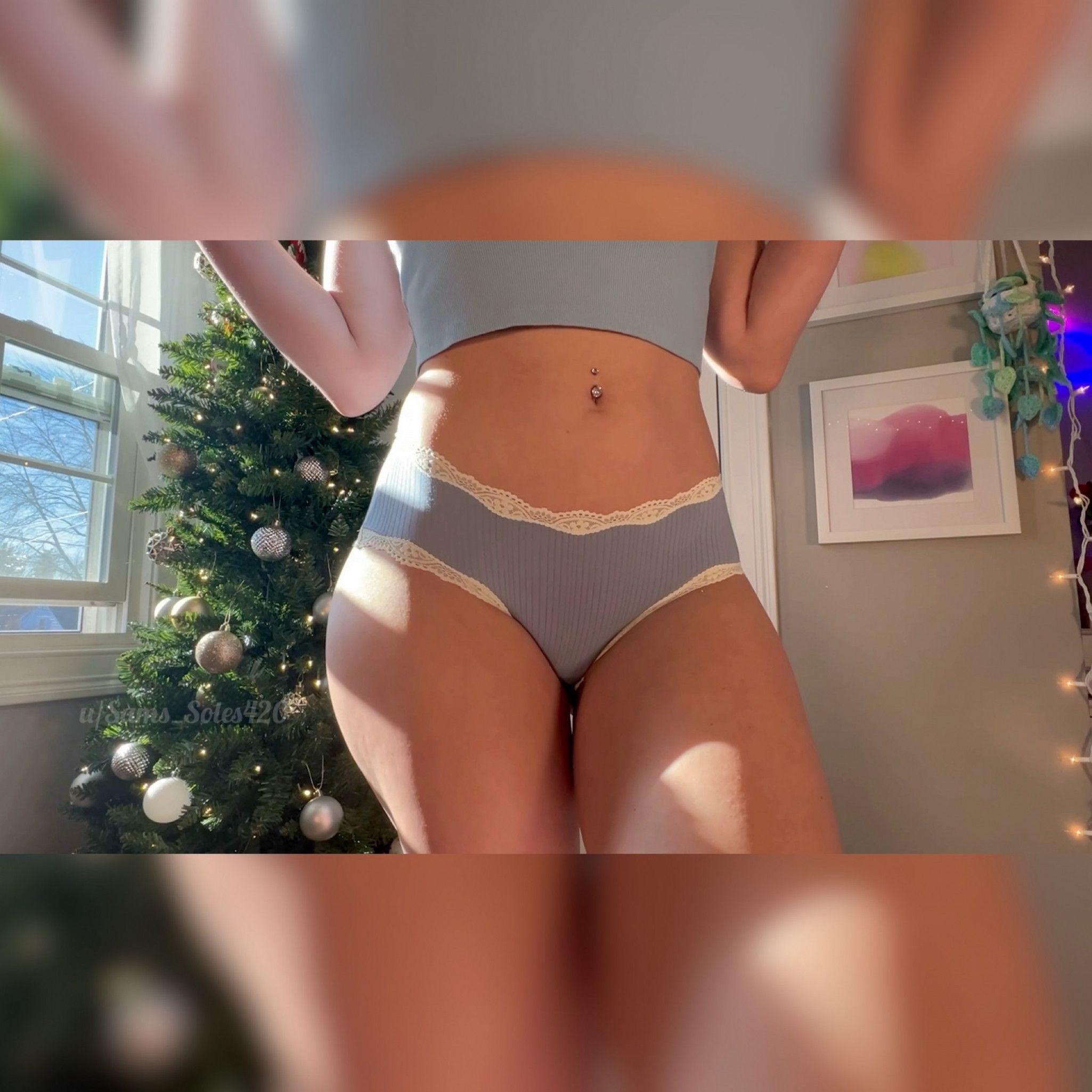 Blue and White Ribbed Stretchy Lace Trim Fullback Panties