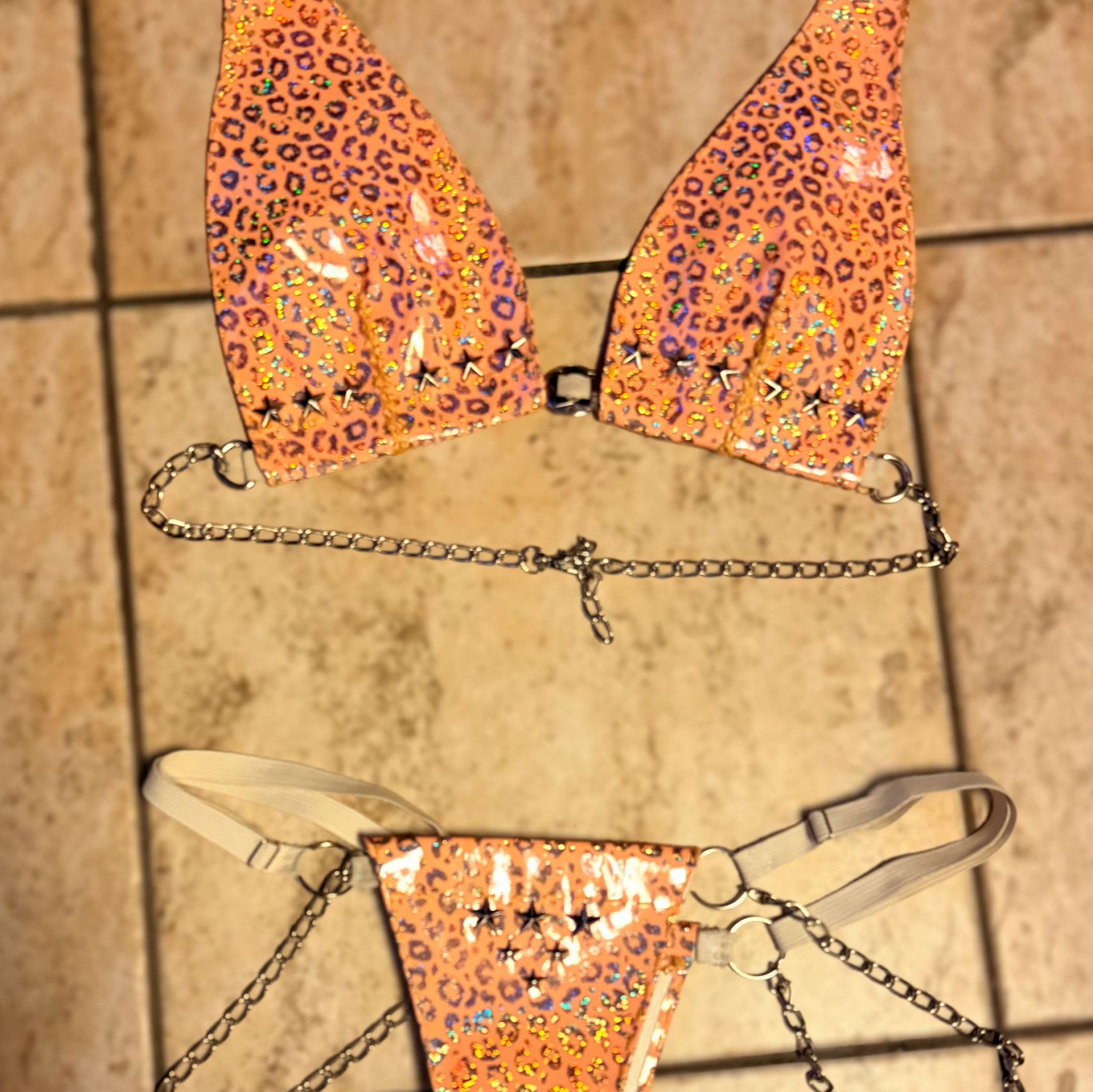 Hand made Peach Cheetah Print Chain Bikini