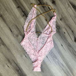 Pink Lace Teddy with Gold Chain Straps