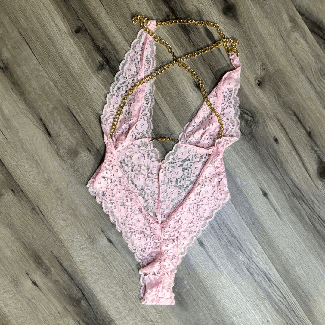 Pink Lace Teddy with Gold Chain Straps