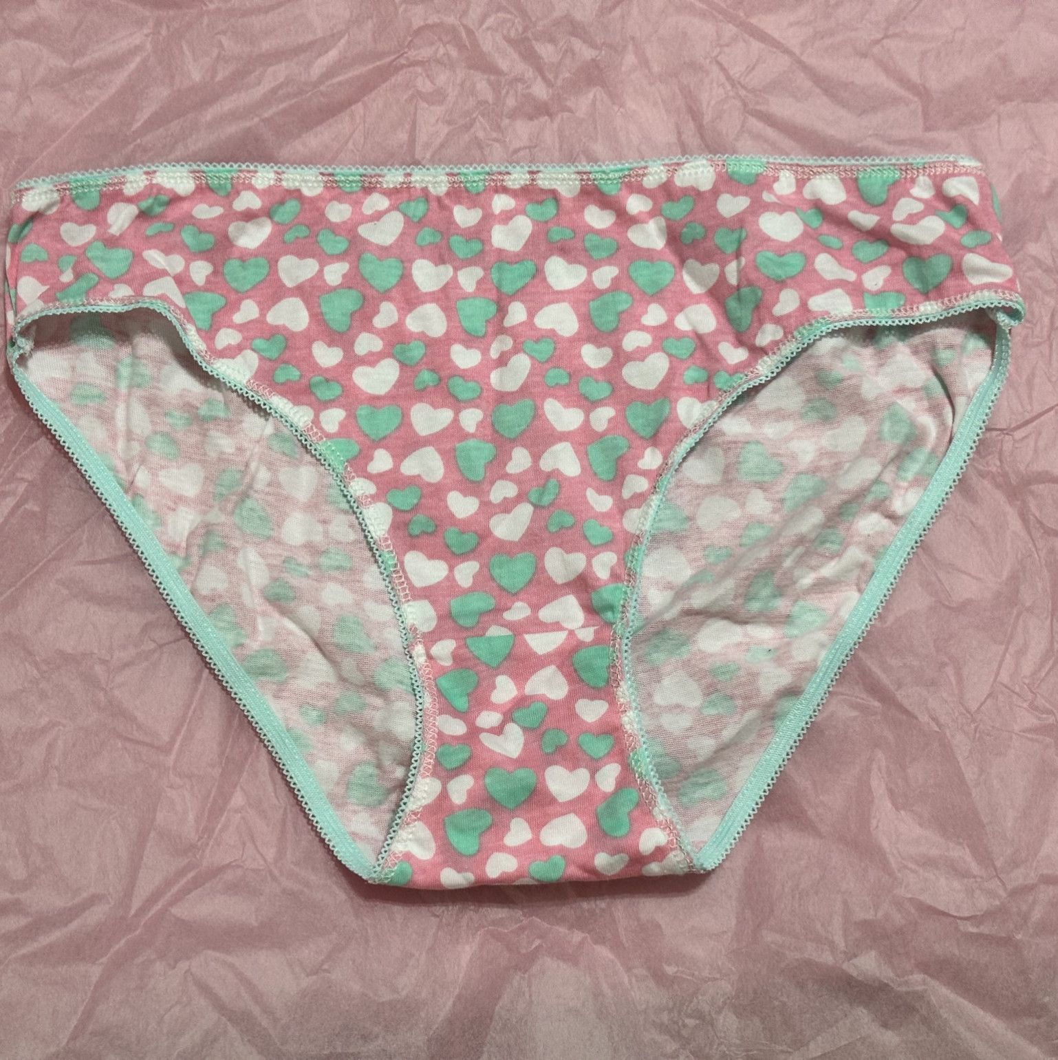 White and Teal Hearts on Pink Bikini