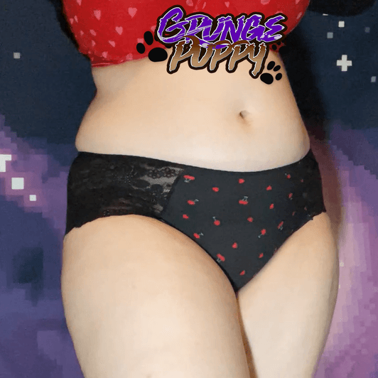 Used Panties: Black Cherry Heart Lacy Cheeky Boyshorts