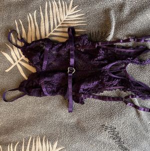 Purple crotchless lace teddy with garter