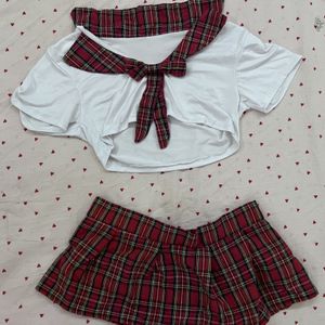 Red Plaid Crop Top  Mini Skirt Set  Cute Preppy TwoPiece