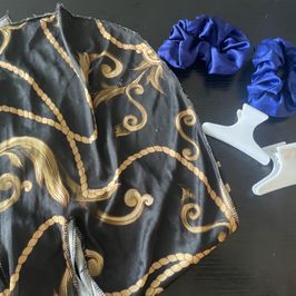 Black and Gold Scarf Blue Scrunchies and Hair Clip Set