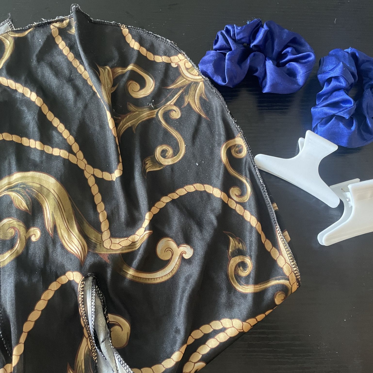 Black and Gold Scarf Blue Scrunchies and Hair Clip Set