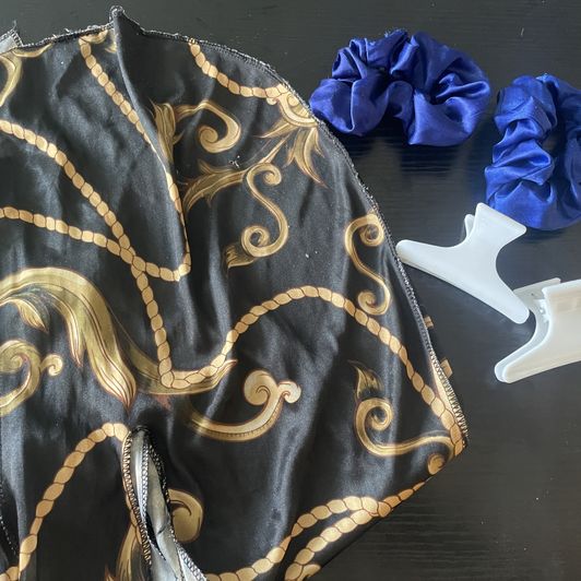 Black and Gold Scarf Blue Scrunchies and Hair Clip Set