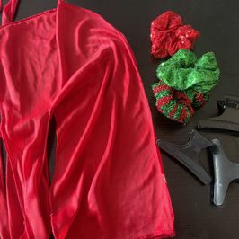 Red scarf and Matching Scrunchies with Hair Clips