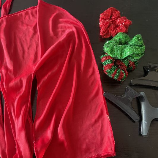 Red scarf and Matching Scrunchies with Hair Clips