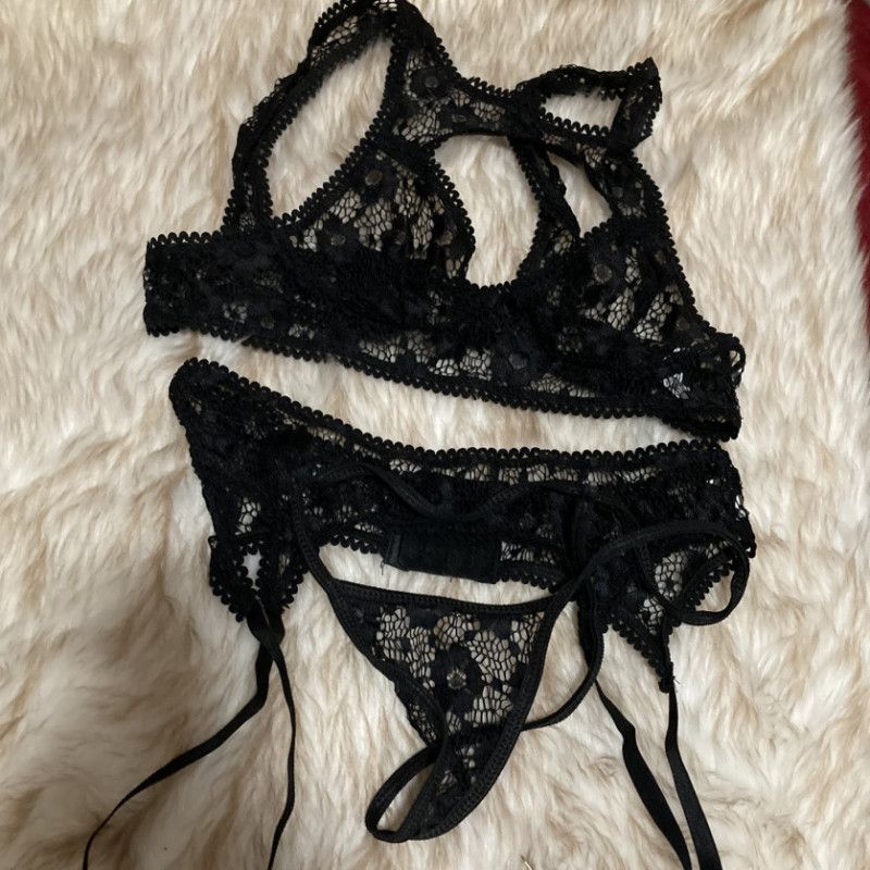 Sexy black lace bra set with garter belt