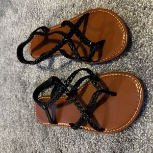 Black Braided Strappy Flat Sandals