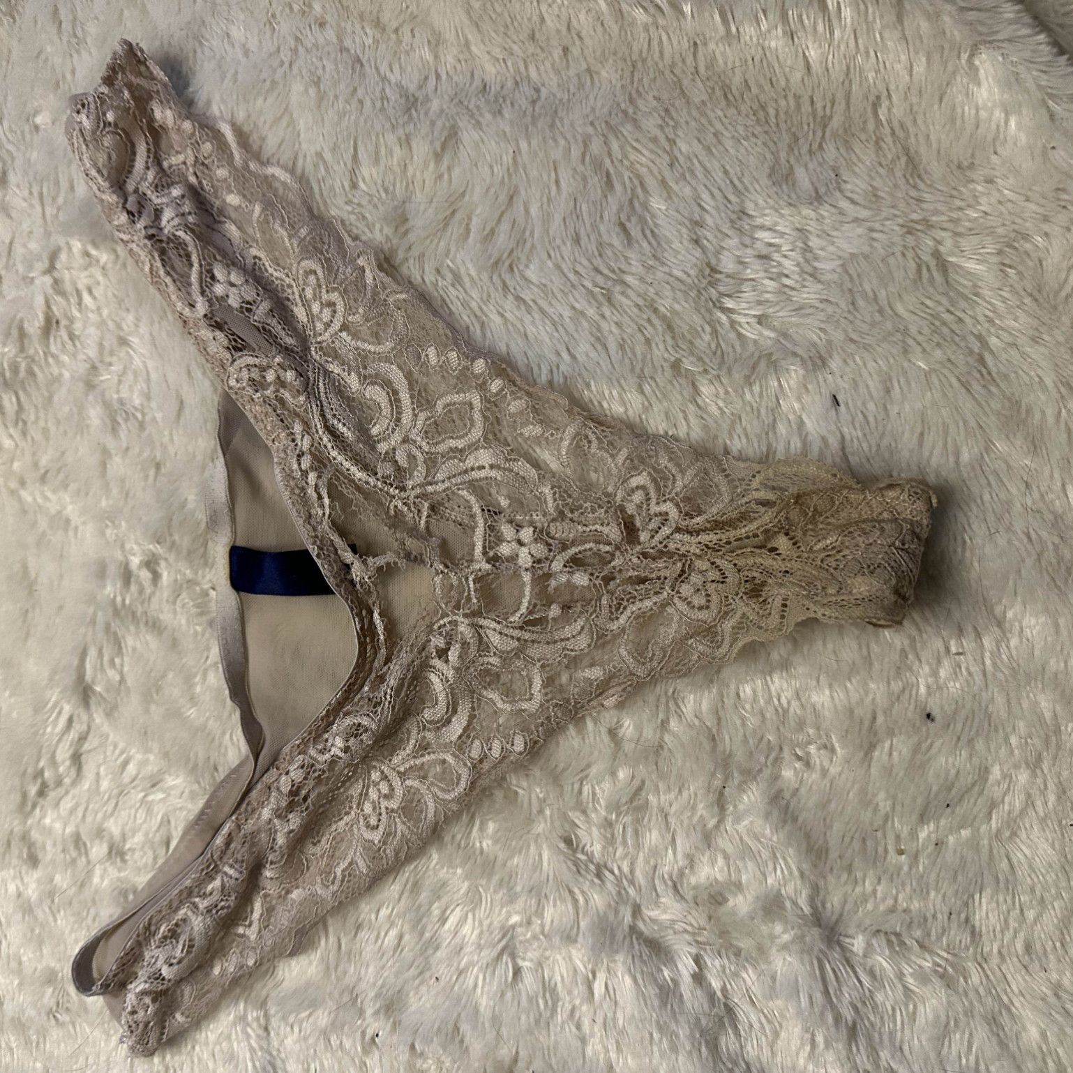 Worn and torn smelly lacy sheer panties