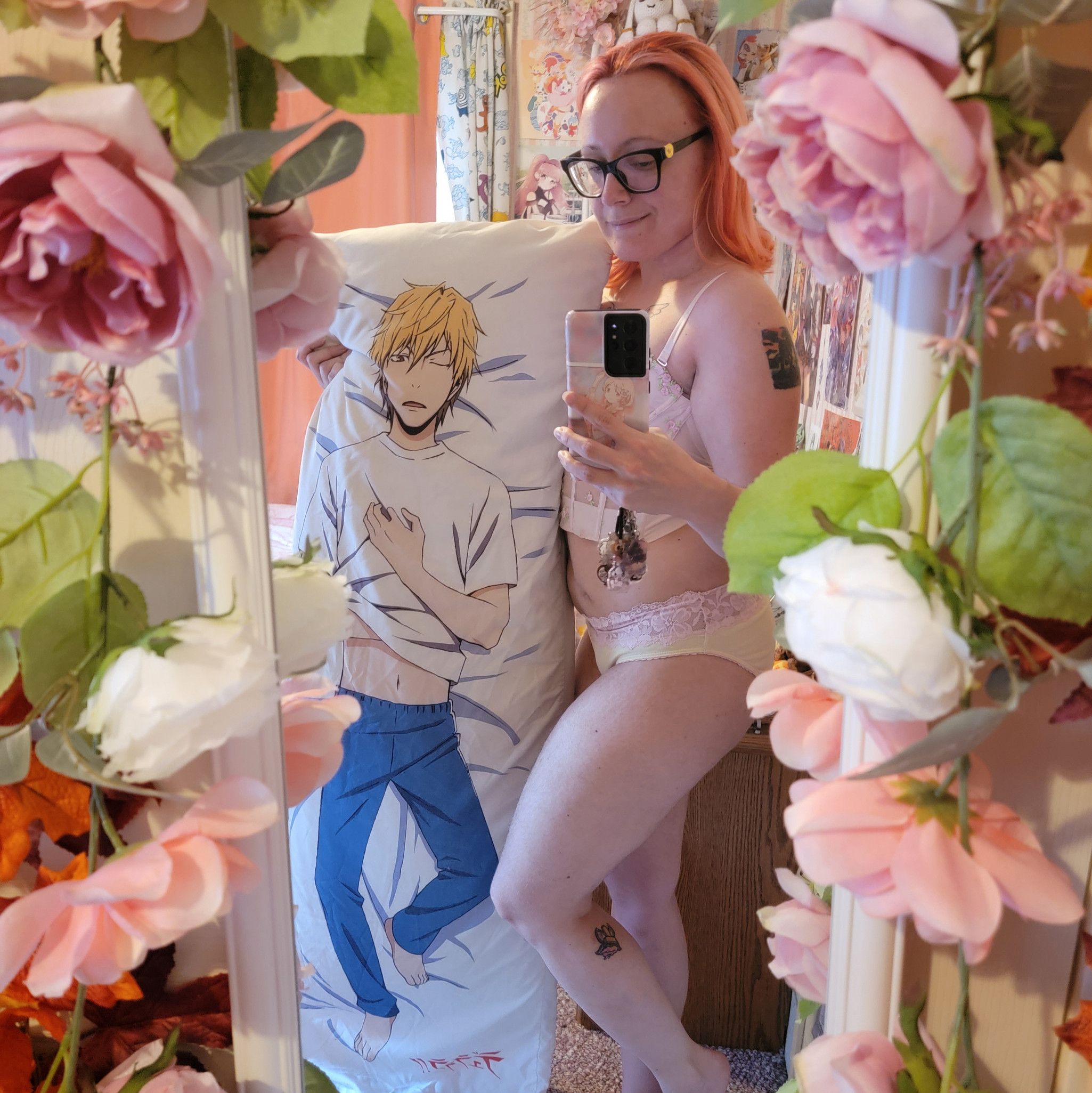 Pink Haired Girl has fun with Anime Body Pillow