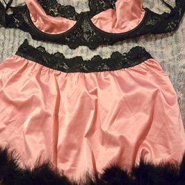 Pink and Black Satin lace and Feathery Skirt with Matching