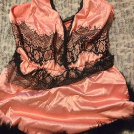 Pink and Black Satin Lace Feathery Flapper Style Babydoll