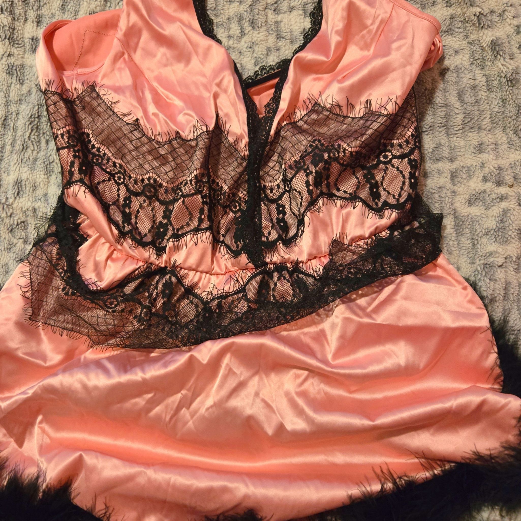 Pink and Black Satin Lace Feathery Flapper Style Babydoll