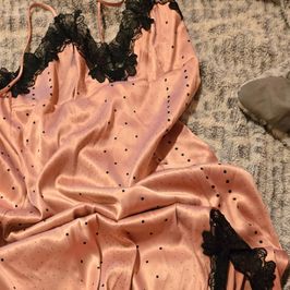 Pink and Black Polka Dot Satin and Lace Long Babydoll